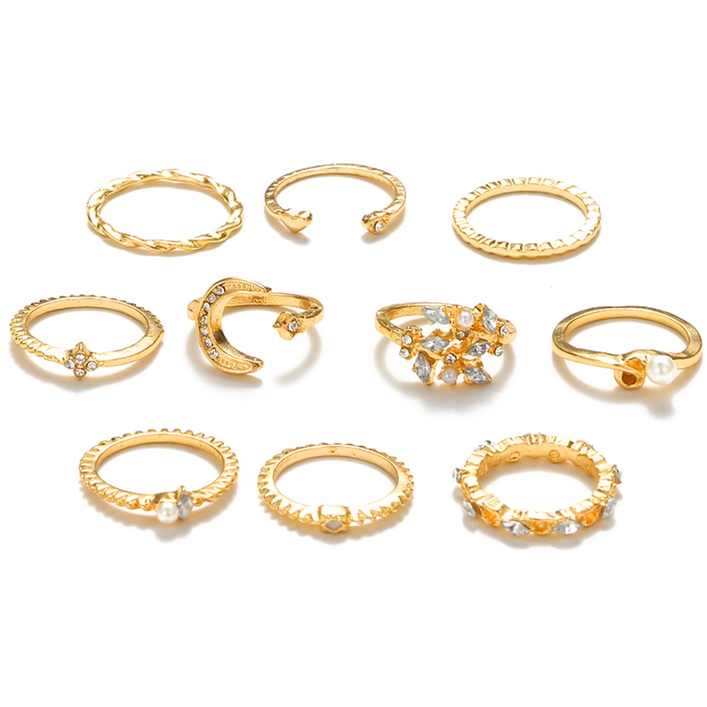 10 Piece Set Star Moon Ring Set Fashion Diamond Pearl Bohemian Set Ring for Women