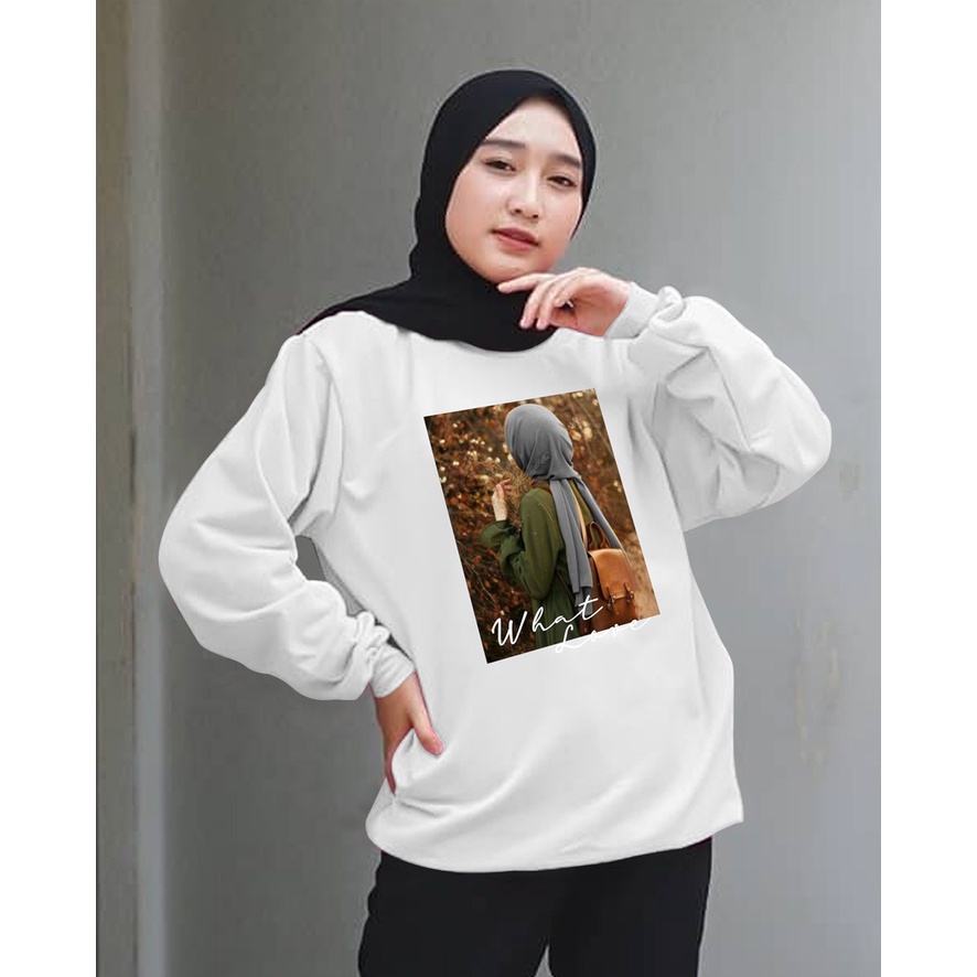 Kaos Lengan Panjang DTF HIJAB WHAT / Kaos Sweatshirt / Atasan Wanita / Atasan Wanita Lengan Panjang