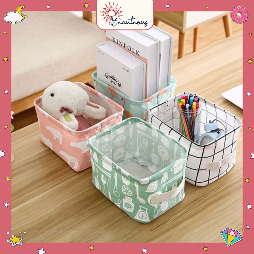 Keranjang Tempat Kosmetik Desktop Storage Multifungsi Organizer Box Kecil Lipat Motif Lucu