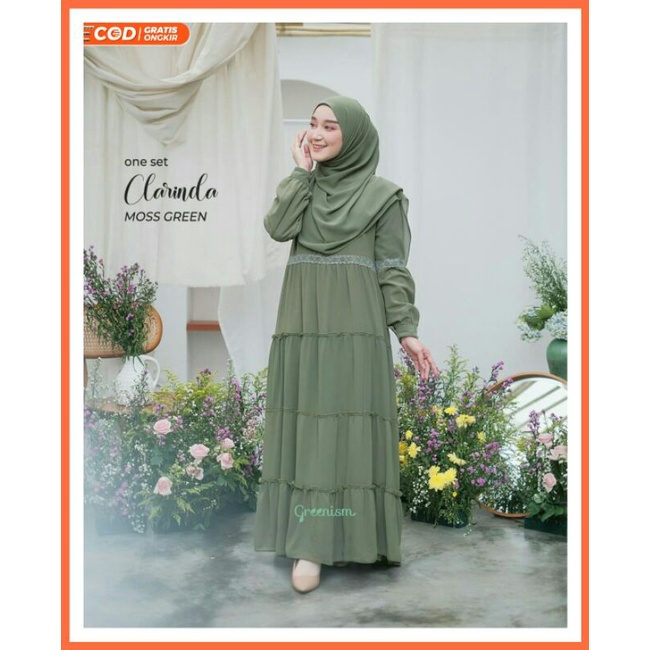 Clarinda One set by Greenism Gamis Ceruti Furing Full Body + Pashmina Kasual