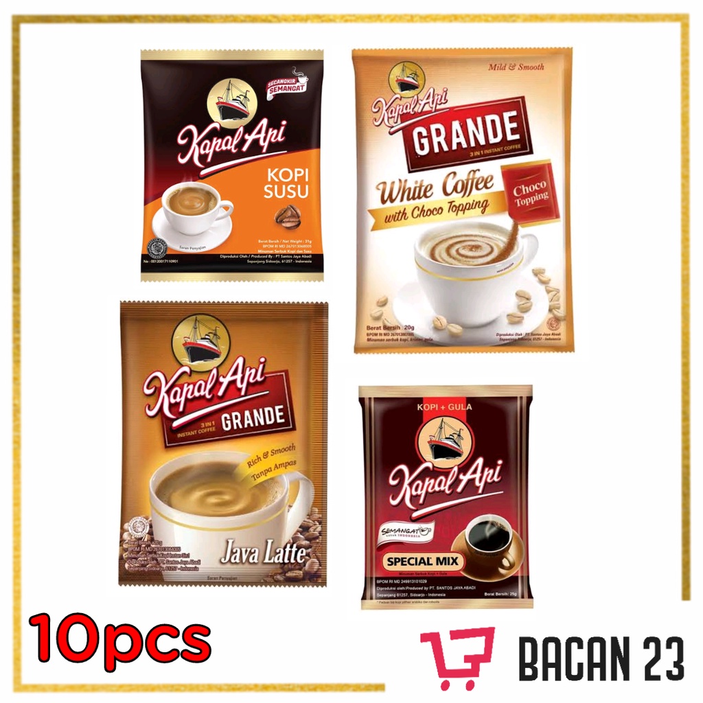 Kopi Kapal Api (10pcs x 25gr) (Kopi susu, Special Mix, Grande Java Latte & White Coffee) / Bacan23