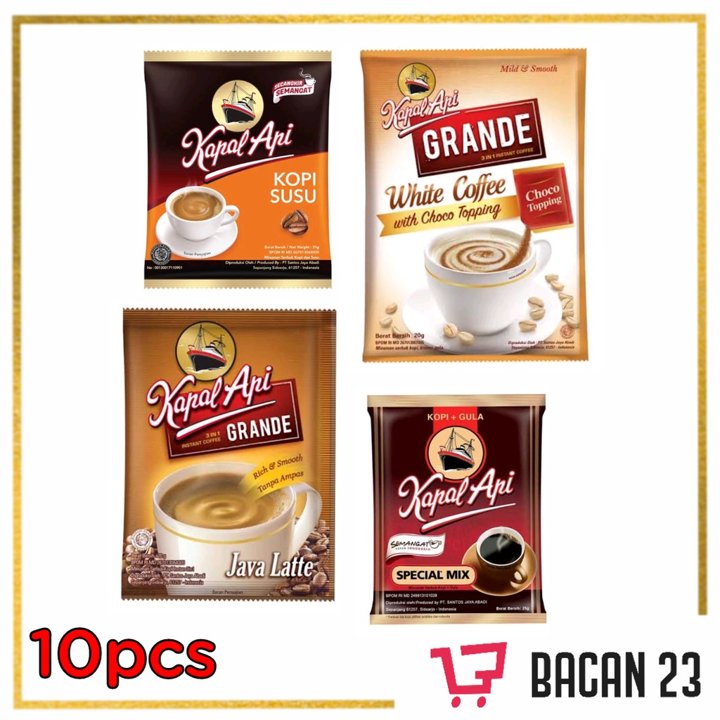 Kopi Kapal Api (10pcs x 25gr) (Kopi susu, Special Mix, Grande Java Latte &amp; White Coffee) / Bacan23