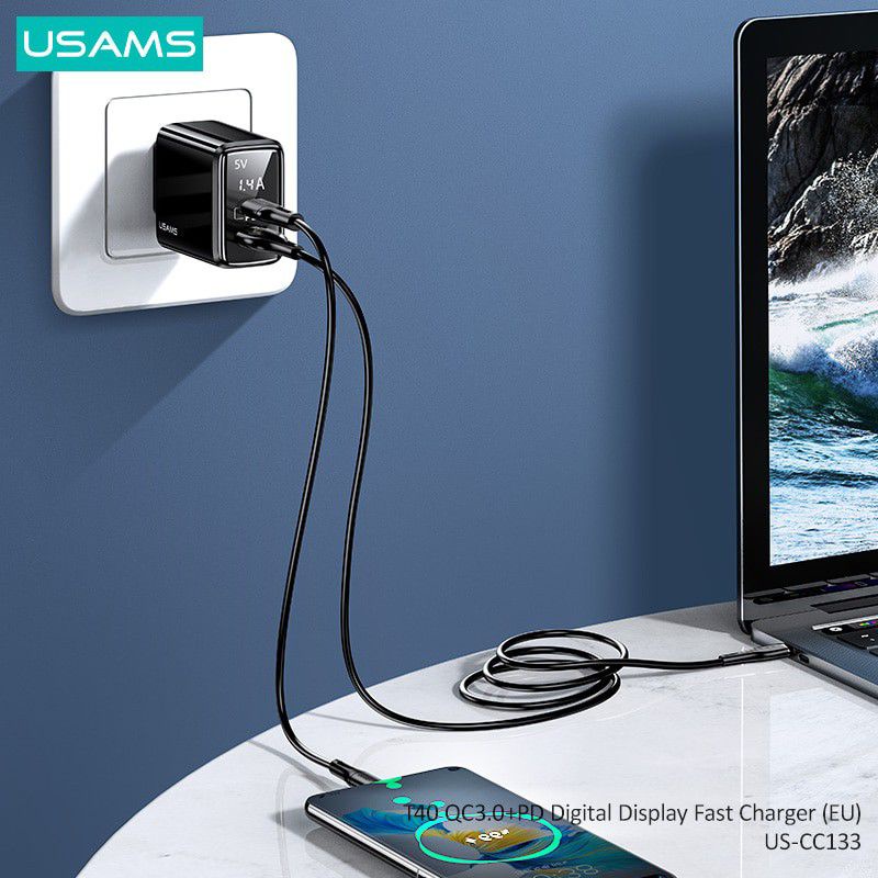 USAMS T40 Charger Fast Charge Digital Display PD20W + QC3.0