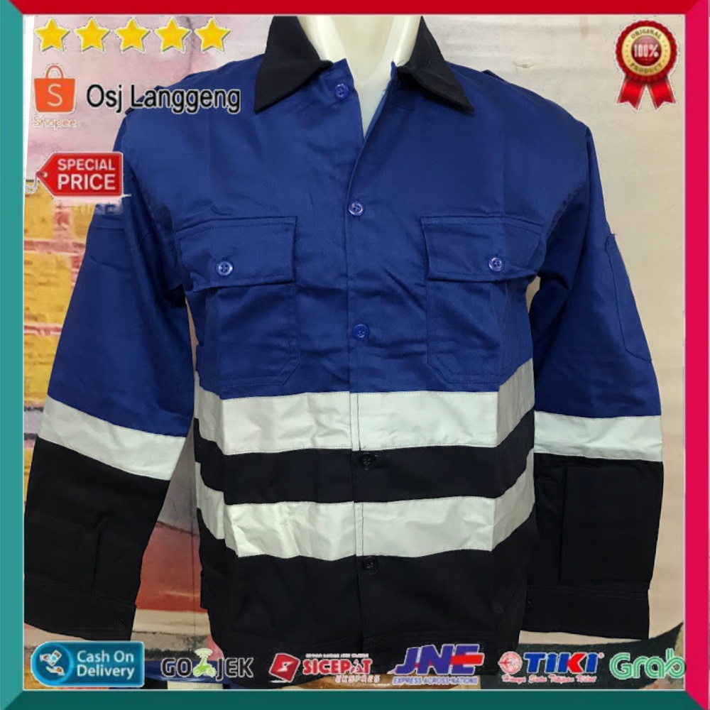 Baju Safety Atasan Kombinasi Biru BCA dan Biru Navy / Baju Safety Kombinasi Murah