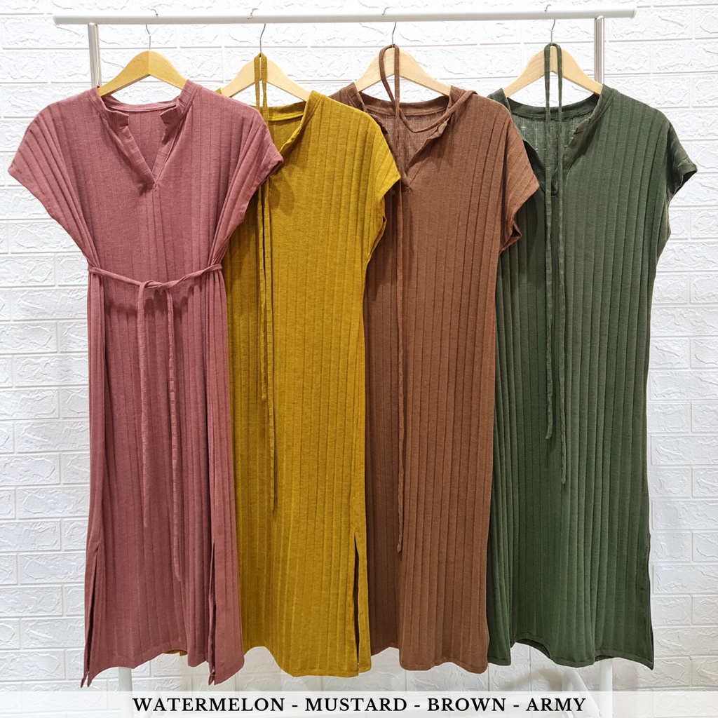 4298 minari strap knit midi dress belt casual dress rib knit