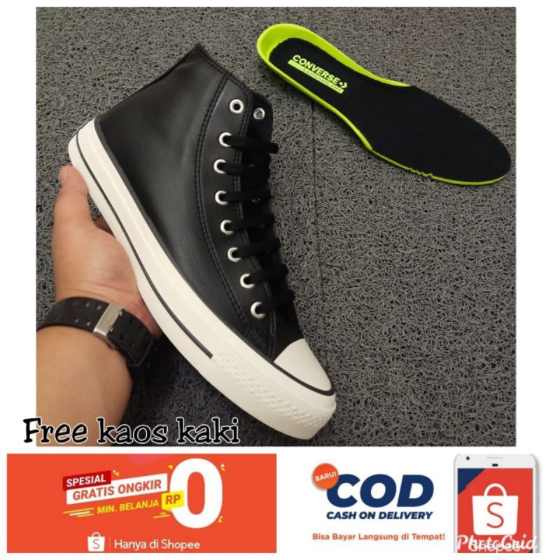 SEPATU CONVERSE 70s KULIT CLASSICS BLACK WHITE HIGH IMPOR SNEAKERS PRIA FREE KAOS KAKI