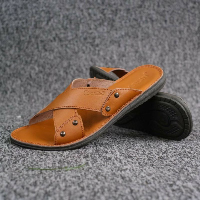 BRLN 003 Tan Sandal Casual Pria Full Kulit Asli Sendal Selop Santai Murah