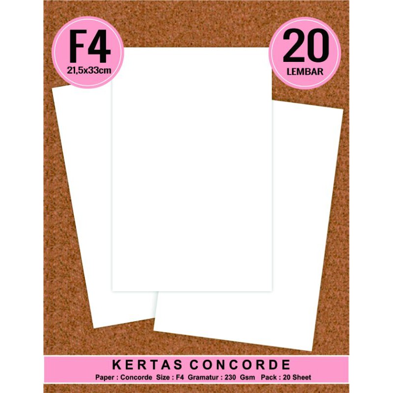 

Kertas Concorde ukuran F4 Folio 230 Gsm 1 Pak isi 20 Lembar