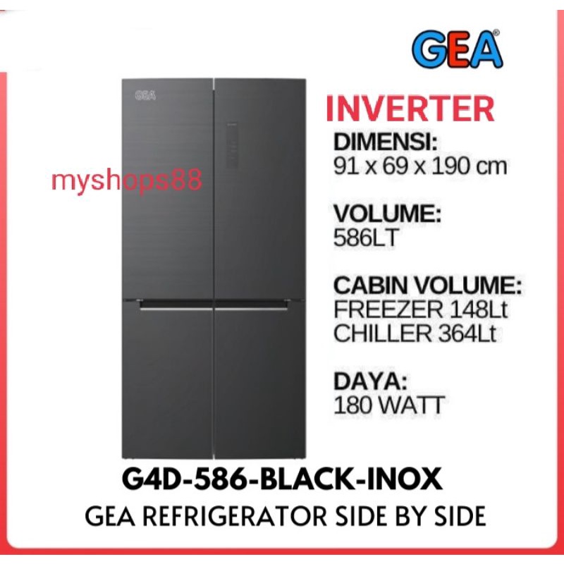 GEA G4D-586 KULKAS 4 PINTU SIDE BY SIDE 586L INVERTER GARANSI RESMI
