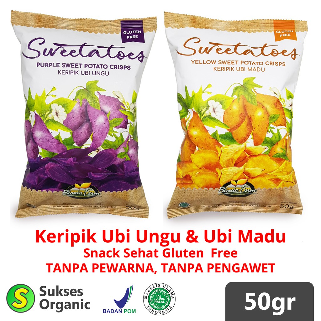 

Sweetatoes Keripik Ubi Ungu dan Ubi Madu | 50gr | Bionic Farm | Gluten Free Cemilan Snack Sehat