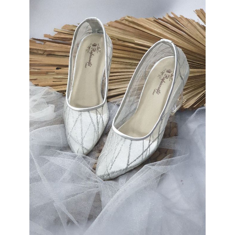 sepatu wedding silver alexis cantik brukat 7cm kaca