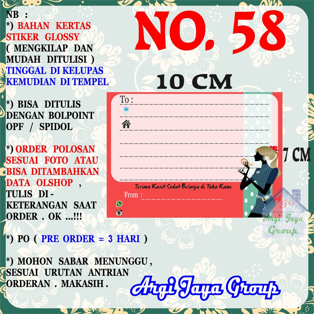 

Stiker Pengiriman - Sticker Alamat Olshop Murah Nomer 58 - 10x7 cm - Glossy