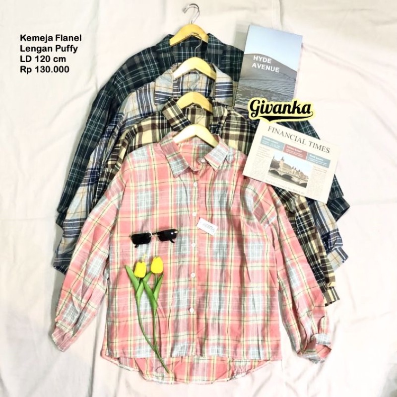 KEMEJA OVERSIZED FLANEL LENGAN PUFFY/BALON // KEMEJA TARTAN KOTAK-KOTAK LENGAN PANJANG OVERSIZED