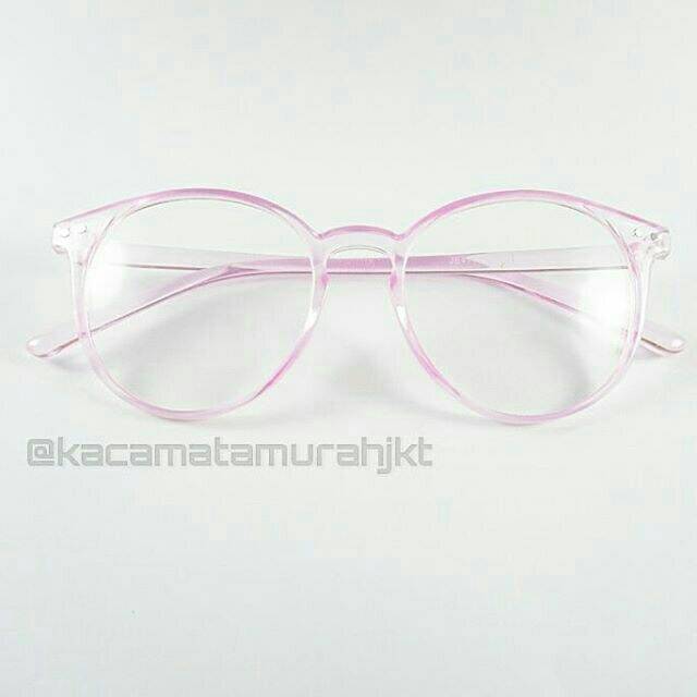 Frame kacamata bulat besar kaca bening warna pink muda