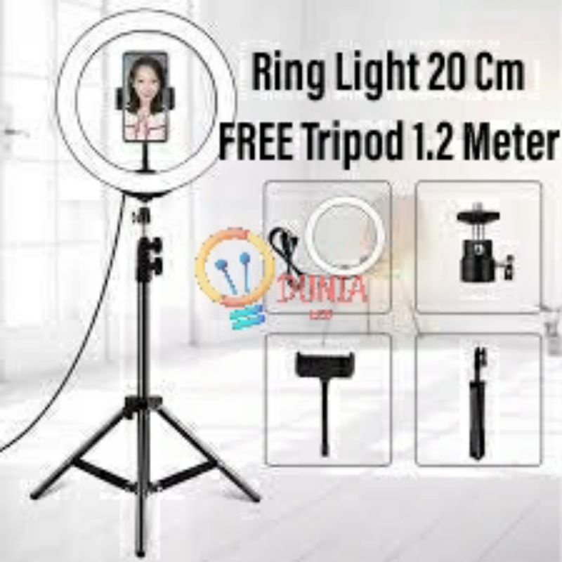 Paket Komplit RingLight 20 Cm + 1.2 Meter Tripod Make Up Vlog Lampu RingLight