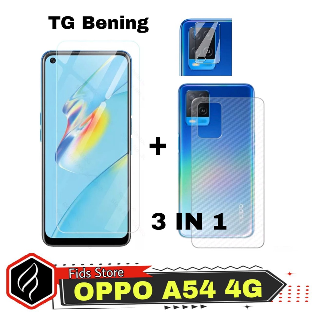 Paket 3 in 1 Tempered Glass Layar OPPO A54 Anti Gores Layar Free Tempered Camera &amp; Garskin Carbon For Oppo A54 4G