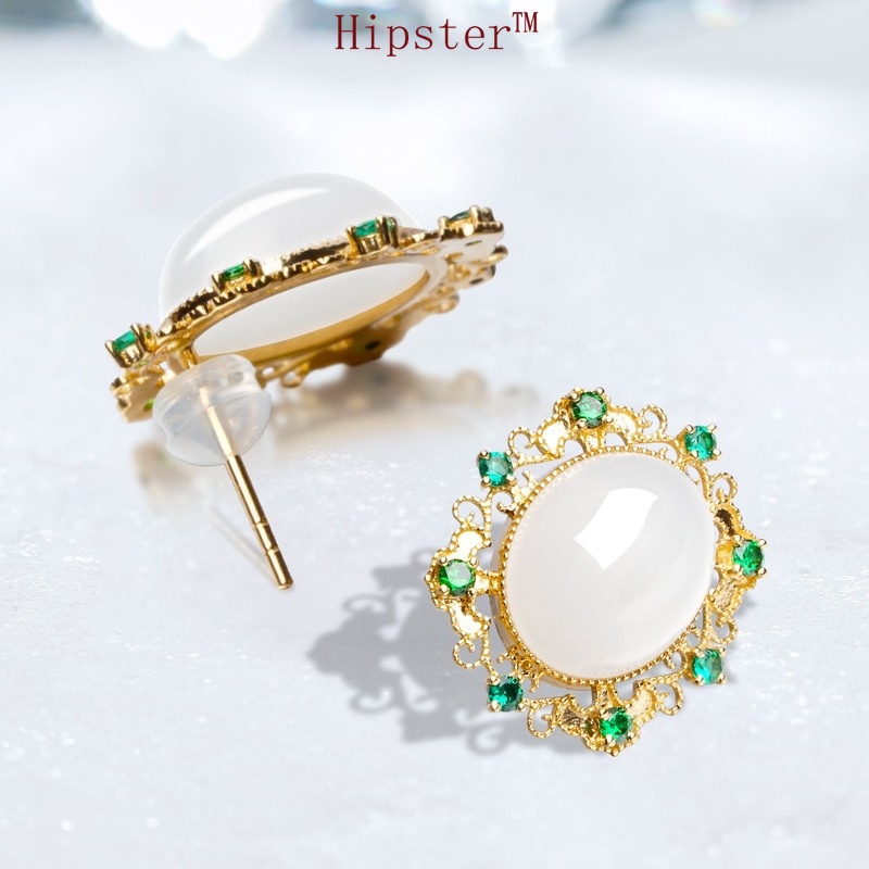 Hot Sale Fashion Classic round White Jade 18K Gold Micro Inlay Emerald