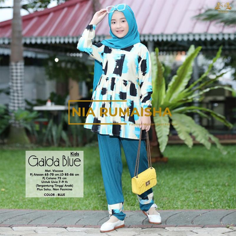 Setelan Anak #1 Motif Polsa / Falfa / Mia Rainbow / Gaida / Granada / Grenty / Shafa / Nagita / Metta / JK / Leopard / Khaula / Joela / Jihan / Jannah / Rasya / Rose / Jofa / Rinaya / Jannati / Ulfa / Moza Original Nia Rumaisha-Gaida Blue