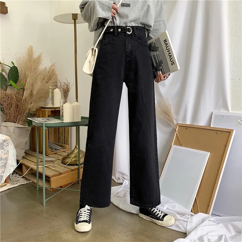 Denim celana wide-leg perempuan high-waist longgar lurus-kaki celana panjang