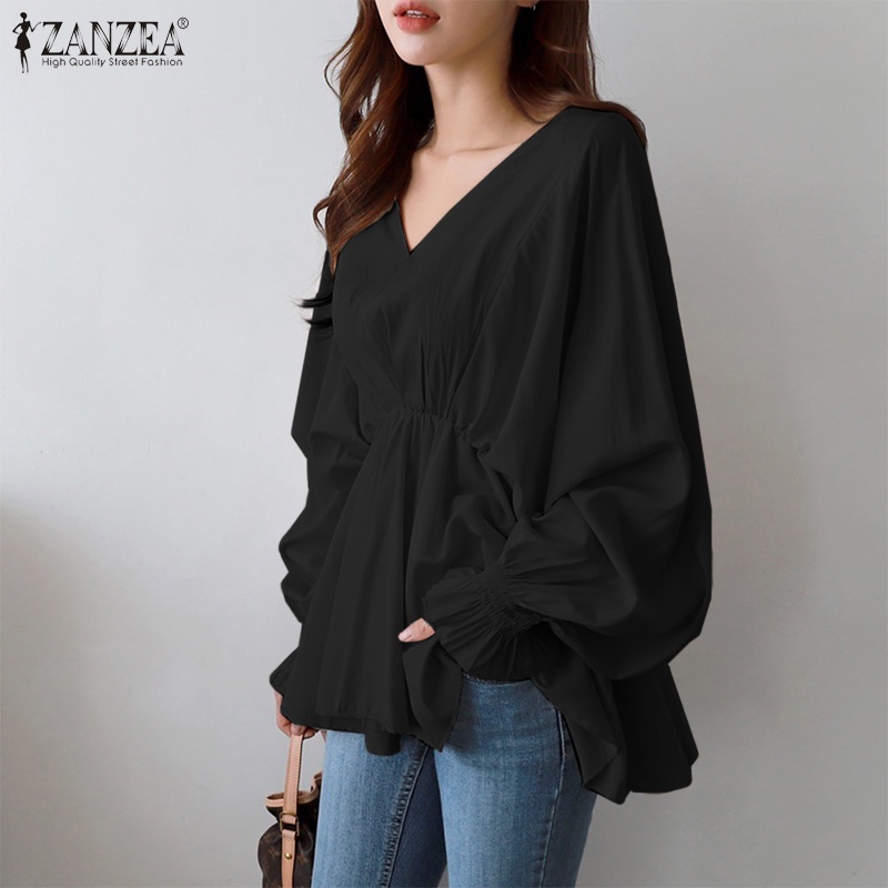 ZANZEA Women V Neck Casual Elastic Waist Lantern Sleeve Ruffles Hem Korea Blouse