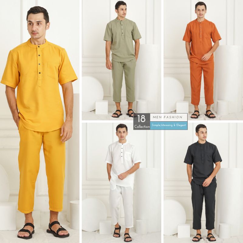 [Bisa COD] Koko Kurta Dewasa Polos Lengan Pendek Satu Set Baju Dan Celana