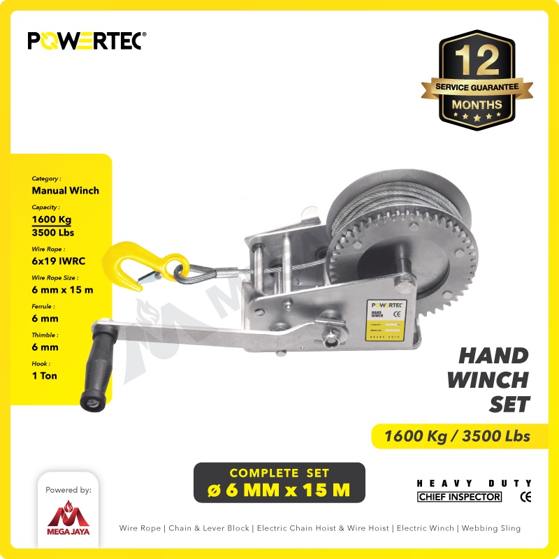 POWERTEC Hand Winch / Katrol Manual 3500lbs / 1600Kg x 15 M Galv-1