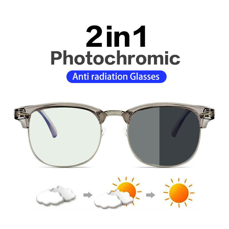 Kacamata Hitam Photochromic Anti Radiasi / Blue Ray / UV400 Bingkai Bulat Bahan Metal Untuk Pria / Wanita