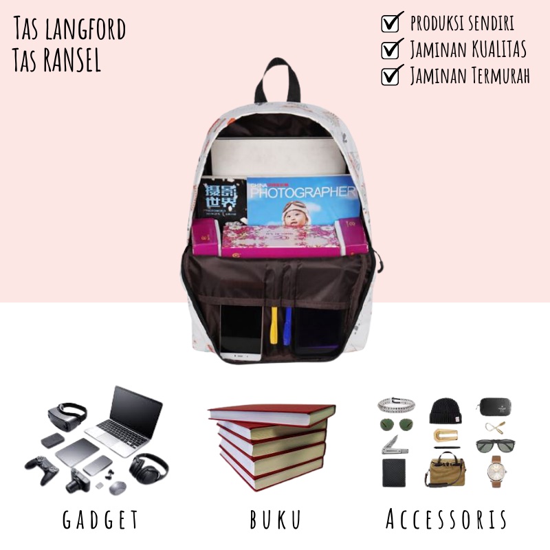 Tas Ransel - Backpack Jumbo Punggung Model Remaja Fashion Print Corak Gaya Kekinian Terbaru Simple Klasik Elegan Korea Terkini Sekolah Travelling Perempuan Wanita Cewek 001