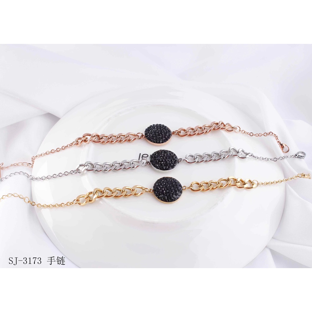 Set Titanium Kalung/Gelang Permata Putih/Hitam Perhiasan Fashion