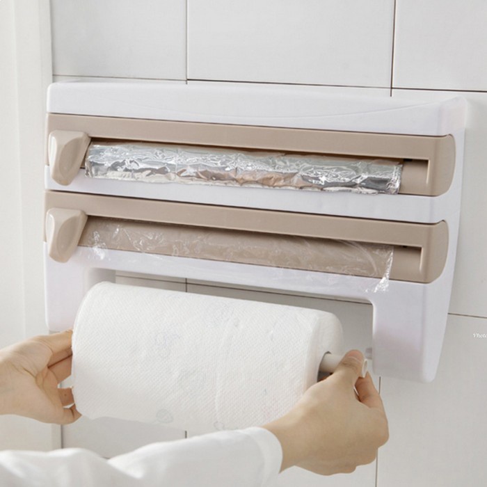 Tempat Rak Dinding Gantungan Roll Tissue Dapur Cling Wrap Alumunium Foil 3in1