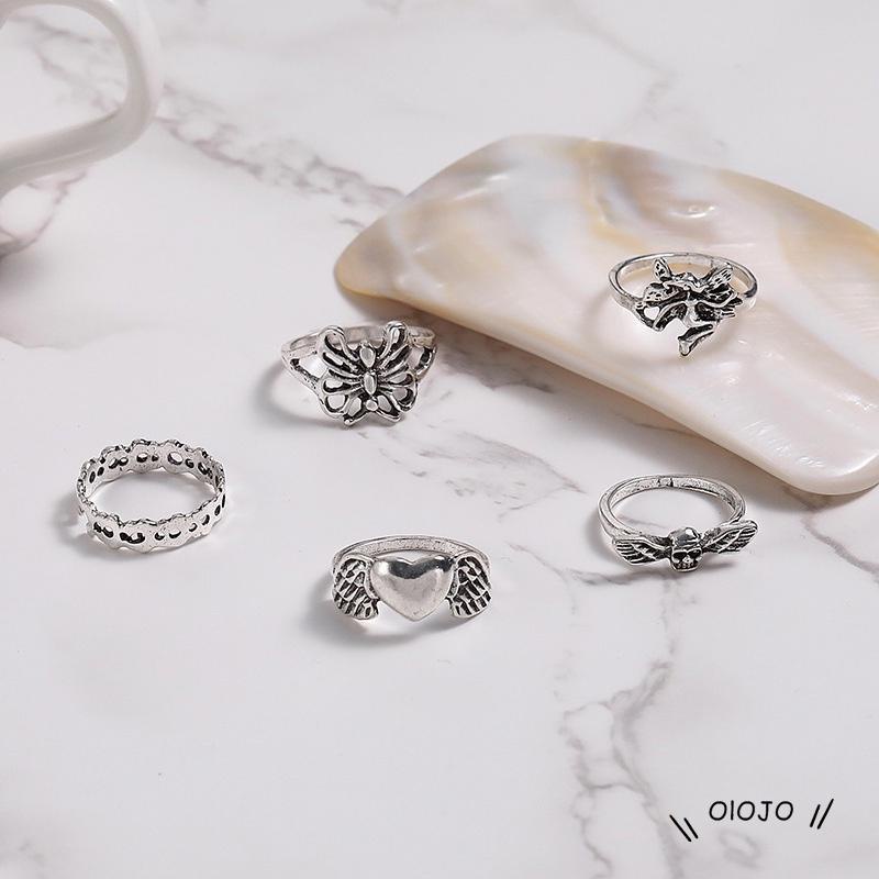 【COD】5pcs / Set Cincin Model Terbuka Desain Kerangka Kupu-Kupu Hati Hollow Out Gaya Vintage Kreatif