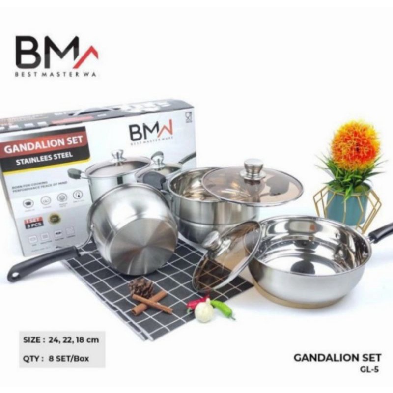 panci set stainless steel isi 3pcs /  wajan panci BMW gandalion set  stainless isi 3pcs / saucepan saucepot frypan stainless