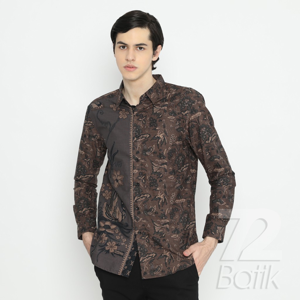 KEMEJA BATIK PRIA Slimfit Lengan Panjang Premium Two Tone Siang Sore Coklat Chokelat 725430 Cap 72 - Baju Kemeja Atasan Pakaian Setelan Batik Pria Cowok Laki Laki Remaja Keluarga Kantor Lengan Panjang Modern Slimfit Slim Fit Premium Kekinian