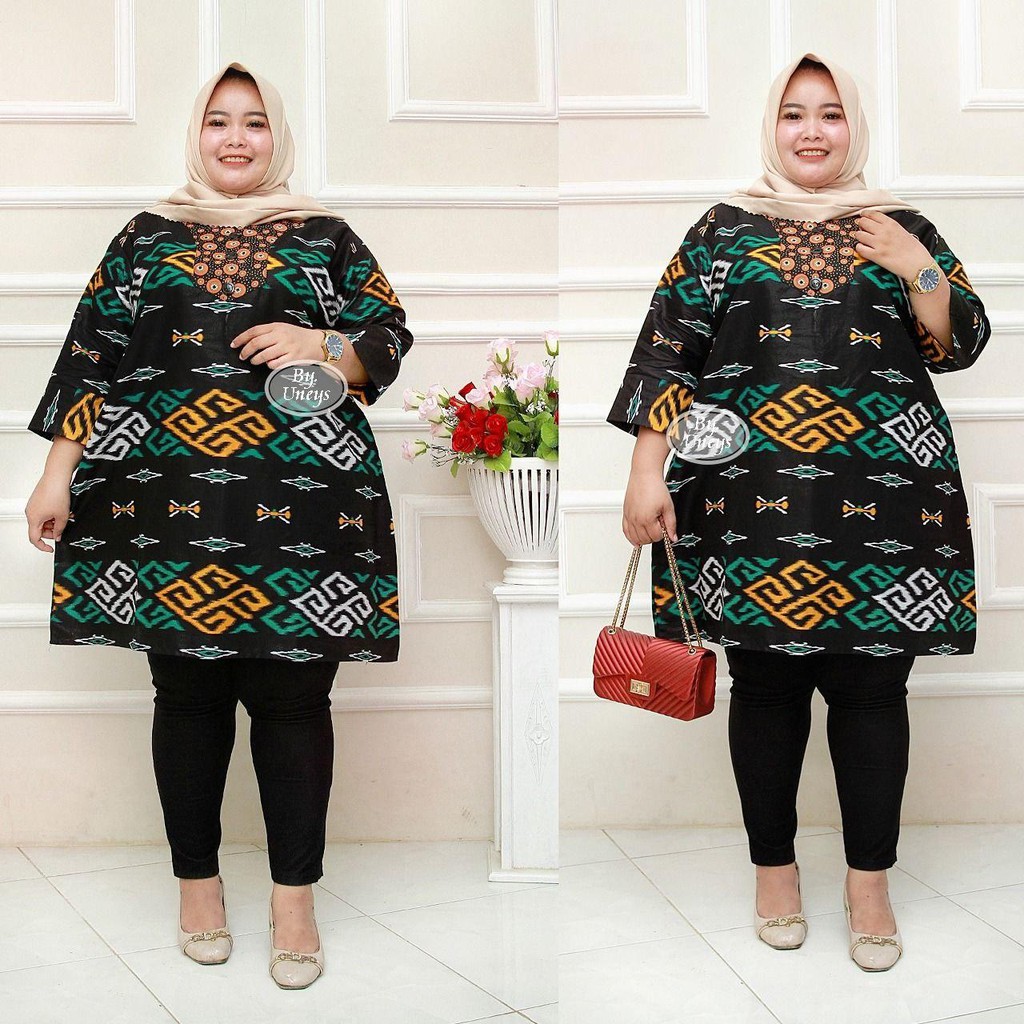 Tunik Batik Wanita Ukuran Jumbo LD 140cm Resleting Belakang Bahan Katun Adem Di Pakai Serap Keringat