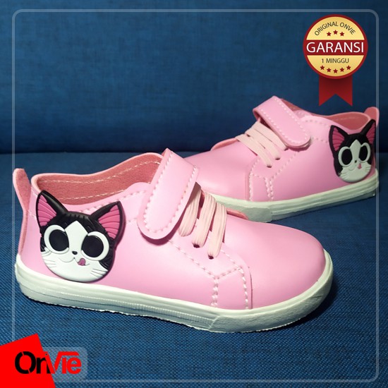 Sepatu Sneaker Anak Perempuan Hitam Putih Motif Meow Karet 3D | Sepatu Kids Wanita Onvie