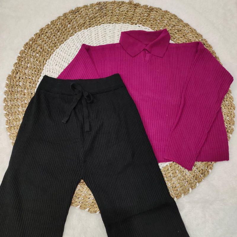 SETELAN/ ONE SET KULOT RAJUT+POLO KNIT CROP/FASHION RAJUT WANITA TERBARU