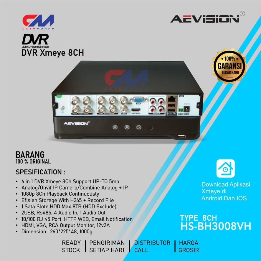 DVR Aevision 5MP 8CH XMEYE, Resolusi 2560P Full HD, DVR 8 Channel H.265 + Video Compression