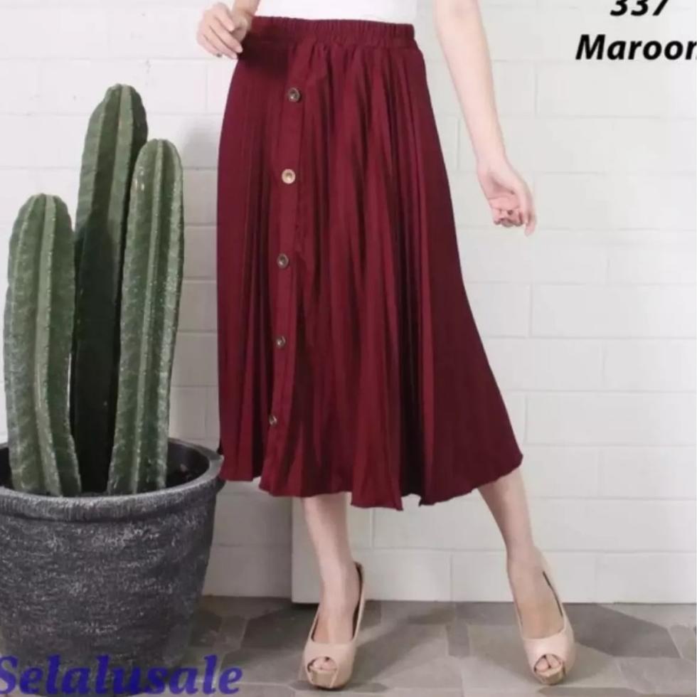 [UKR.08Ap22ѕ] Rok plisket pendek REMPEL BESAR Terkini kancing depan Lebar mayung