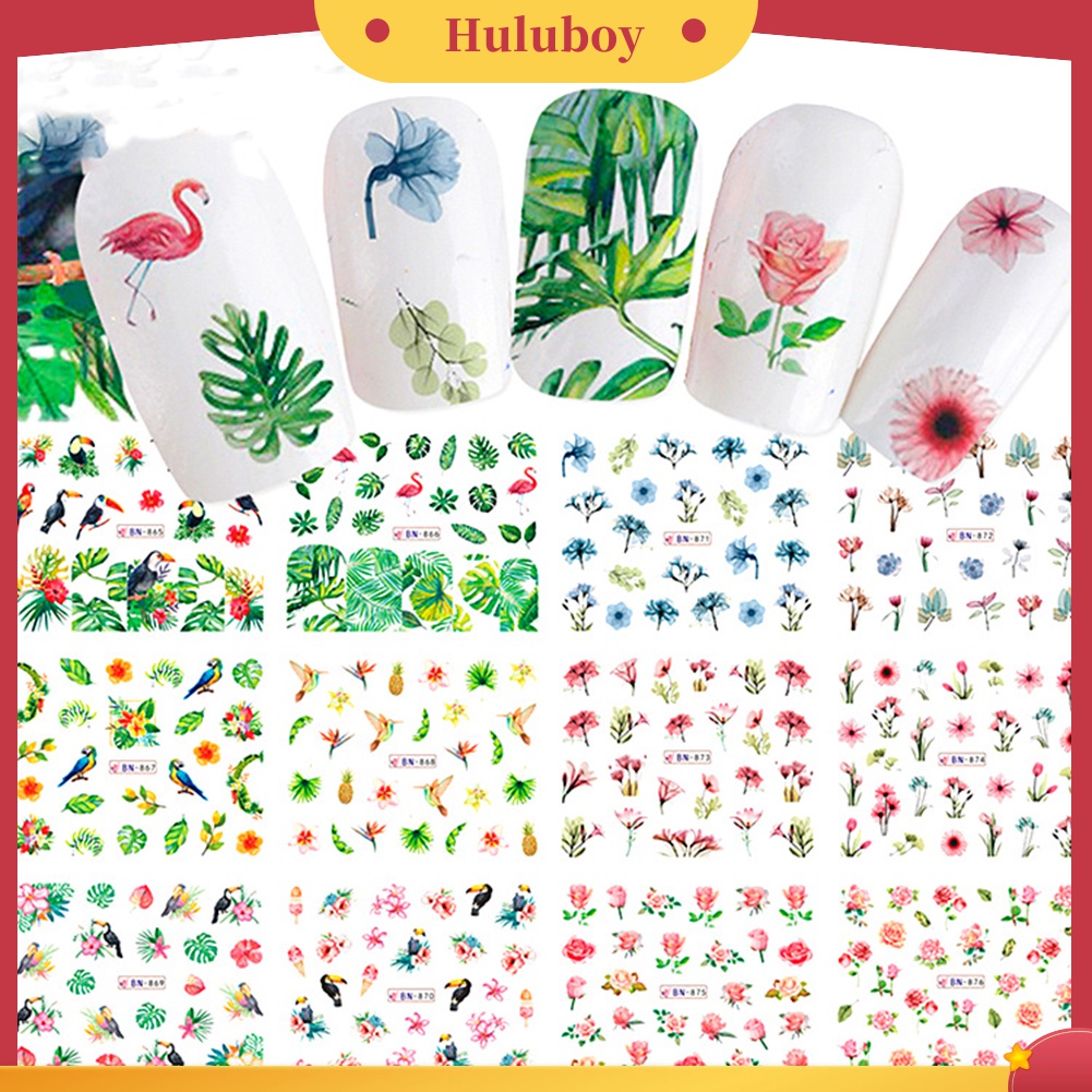 Huluboy Huluboy♡ Stiker Decal Transfer Air Motif Bunga / Daun / Flamingo Untuk Dekorasi Nail Art / Manicure DIY