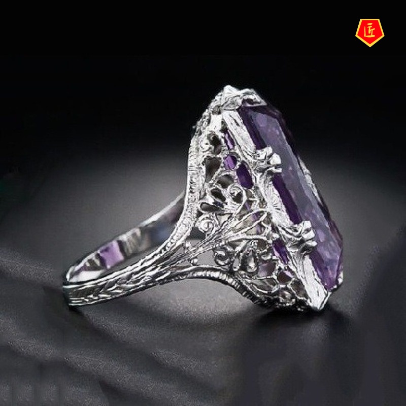 [Ready Stock]Fashion Personality Inlaid Chamfered Rectangular Amethyst Ring Exquisite