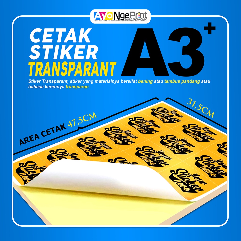 

Cetak Print Stiker Transparan A3+ / Sticker Bening Anti Air / Custom Desain