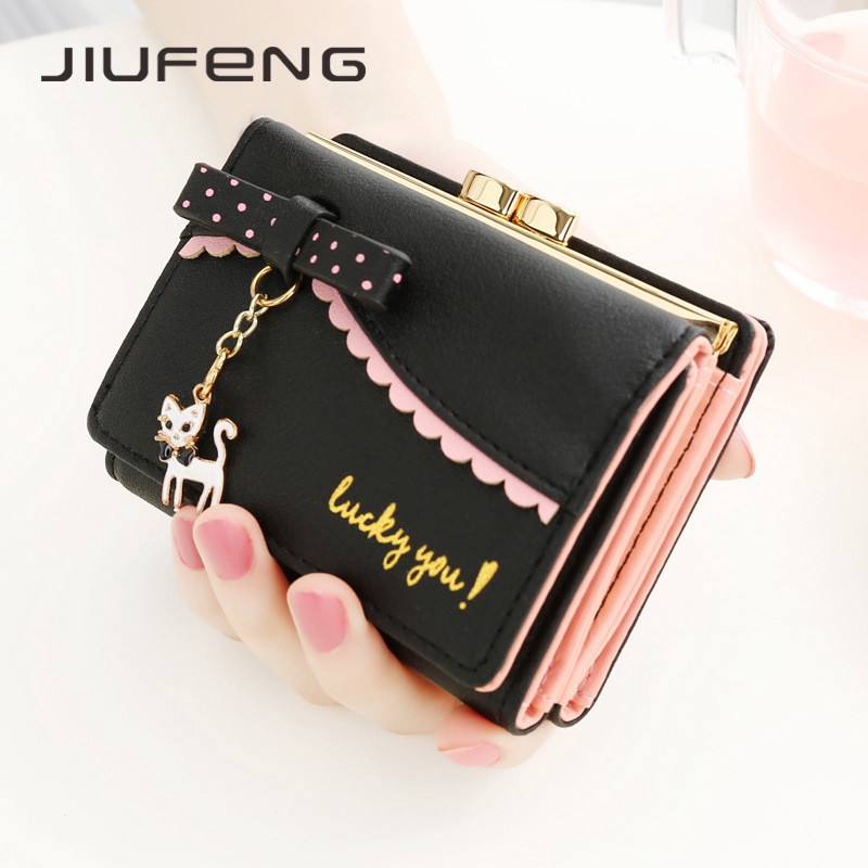 JIUFENG Dompet Wanita Korea Lucu Dompet Pendek untuk Wanita Mini Liontin Mahasiswa Dompet Kecil