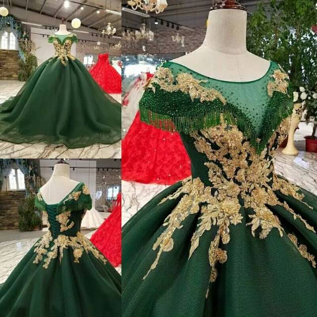 Gaun Pengantin Gaun Pesta Pernikahan Mewah Hijau Bordir