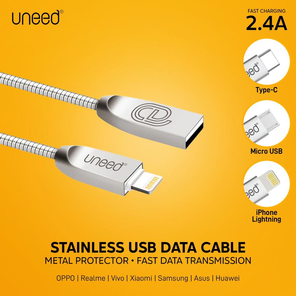 Uneed Stainless Steel Kabel Data Micro USB / USB Type C / iPhone Lightning Fast Charging 2.1A
