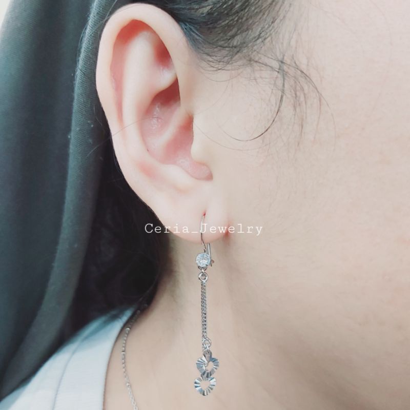 Anting Perak Asli Silver Wanita 925 Lapis Emas Putih Model Agogo Gantungan Love Ukir Double - Perhiasan Perak Wanita Asli