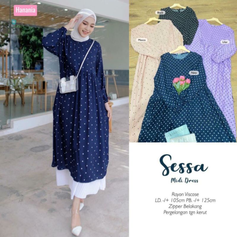 SESSA TUNIK PANJANG MIDI SENSO MOTIF POLKADOT KATUN RAYON WARNA LILAC