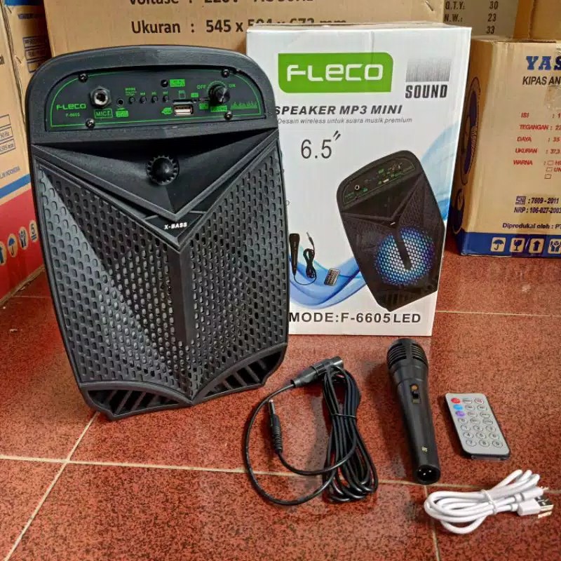 Speaker Bluetooth Karaoke Fleco F-6605LED 6,5 inchi Gratis Microphone Dan Remot Super Bass