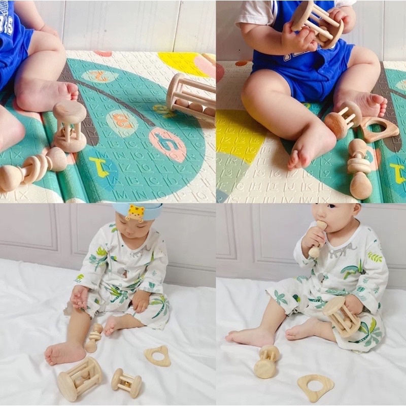 Wooden Baby Rattle Toy Montessori Teething Ring Log Geometric Grab Toy Set mainan genggam bayi