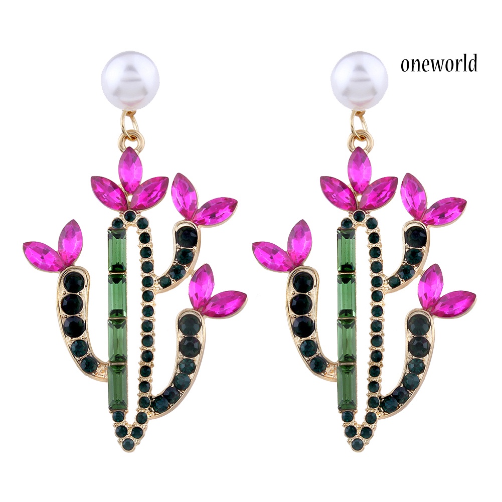 OW@ Women Colorful Rhinestone Cactus Faux Pearl Charm Statement Stud Earrings Gift