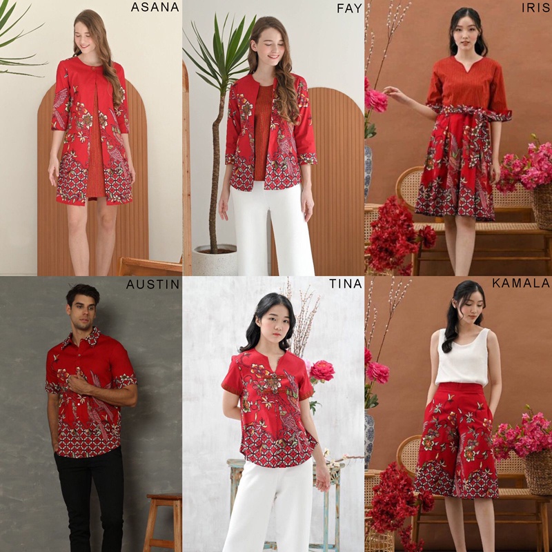 Evercloth Tina Blouse Wanita Atasan Wanita Batik Couple Top Jumbo Family Cheongsam CNY Imlek Merah